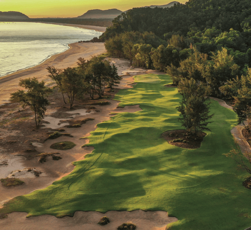 Coastal golf course at sunset in Vietnam